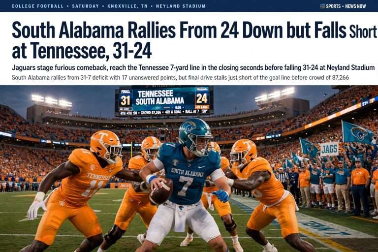 Illustration for the news story: South Alabama Rallies From 24 Down but Falls Short at Tennessee, 31-24