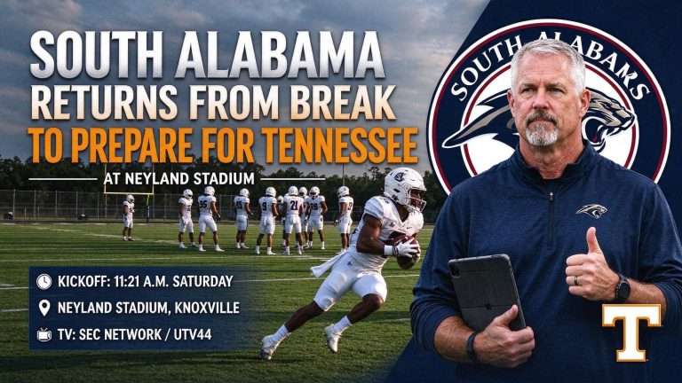 Illustration for the news story: South Alabama Returns From Break to Begin Preparing for Tennessee at Neyland Stadium