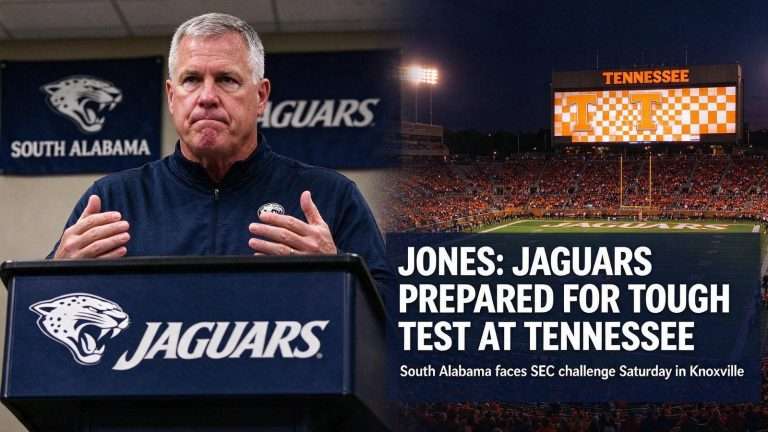 Illustration for the news story: Joey Jones Cites Tennessee’s Size, Praises Jaguars’ Maturity Ahead of South Alabama’s Trip to Knoxville