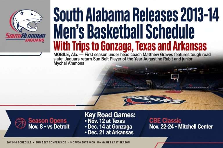 Illustration for the news story: South Alabama Releases 2013-14 Men’s Basketball Schedule With Trips to Gonzaga, Texas and Arkansas