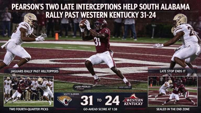 Illustration for the news story: Pearson’s Two Late Interceptions Help South Alabama Rally Past Western Kentucky 31-24