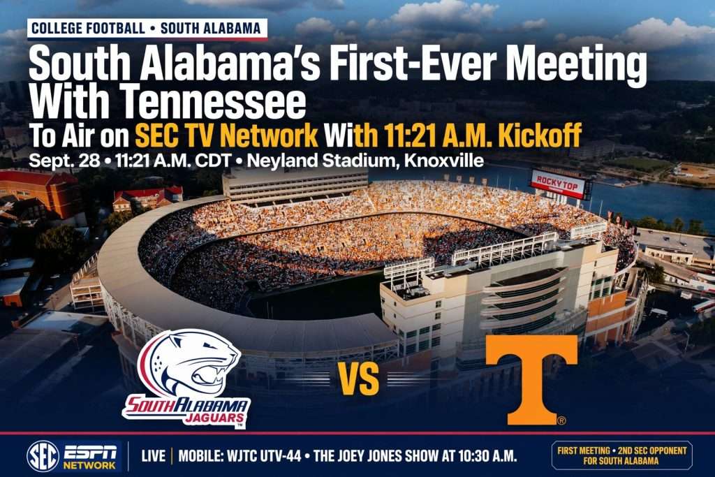 Illustration for the news story: South Alabama’s First-Ever Meeting With Tennessee to Air on SEC TV Network With 11:21 A.M. Kickoff