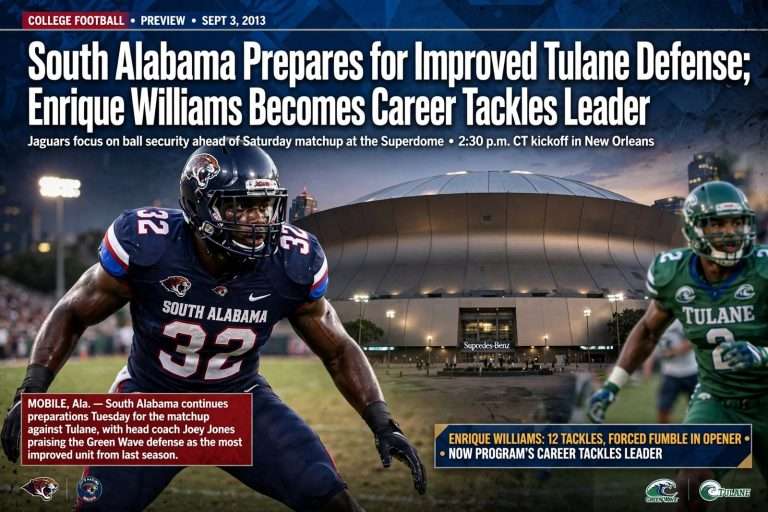 Illustration for the news story: South Alabama Prepares for Improved Tulane Defense; Enrique Williams Becomes Career Tackles Leader