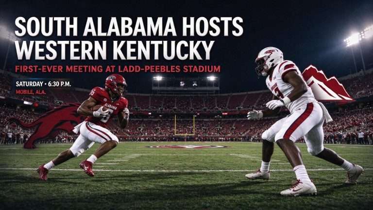 Illustration for the news story: South Alabama Hosts Western Kentucky in First-Ever Meeting at Ladd-Peebles Stadium