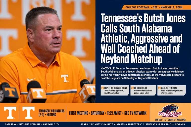 Illustration for the news story: Tennessee’s Butch Jones Calls South Alabama Athletic, Aggressive and Well Coached Ahead of Neyland Matchup