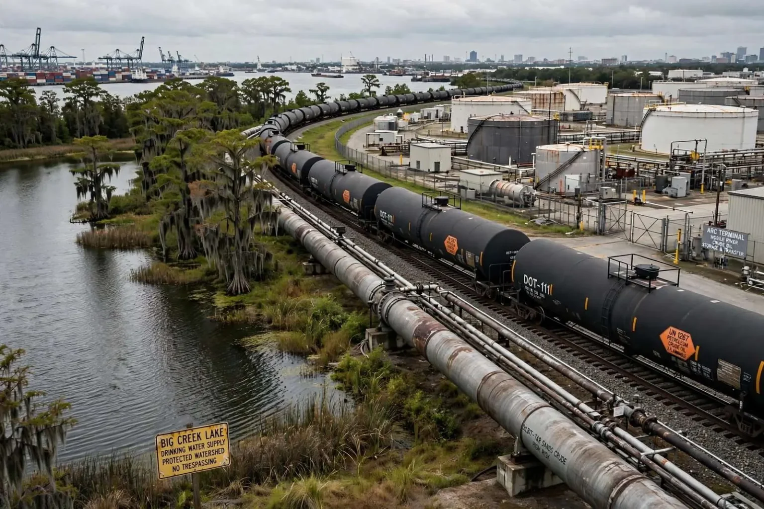 Illustration for the news story: The Hidden Risks of Tar Sands Pipelines, Oil Trains, and Storage Tanks in Mobile
