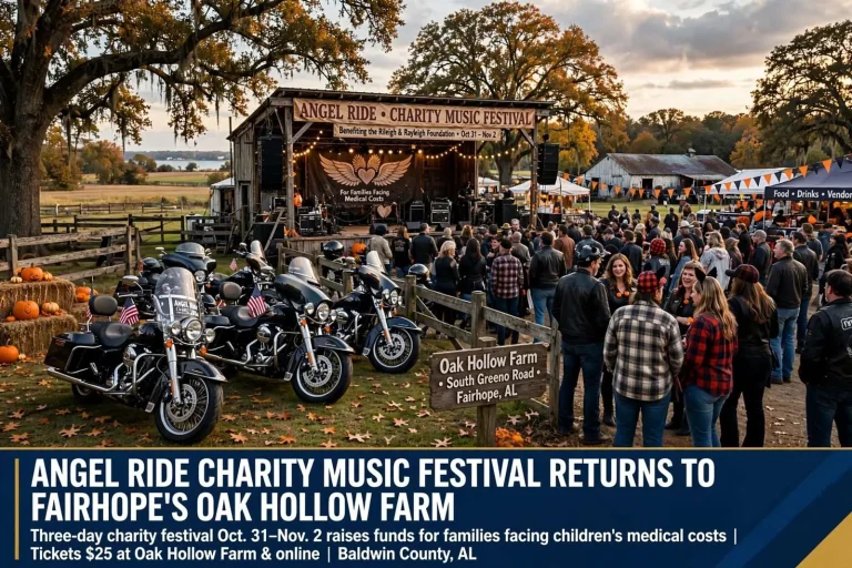 Illustration for the news story: Angel Ride Charity Music Festival Returns to Fairhope’s Oak Hollow Farm