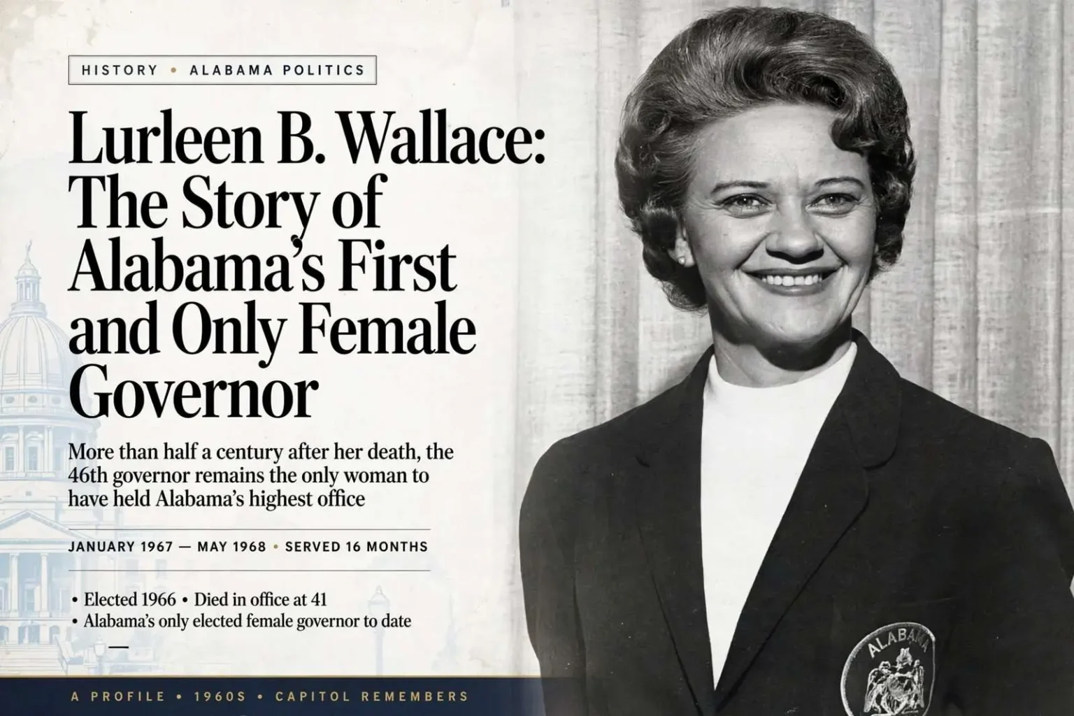 Illustration for the news story: Lurleen B. Wallace: The Story of Alabama’s First and Only Female Governor