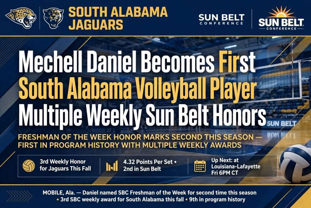 Illustration for the news story: Mechell Daniel Becomes First South Alabama Volleyball Player With Multiple Weekly Sun Belt Honors