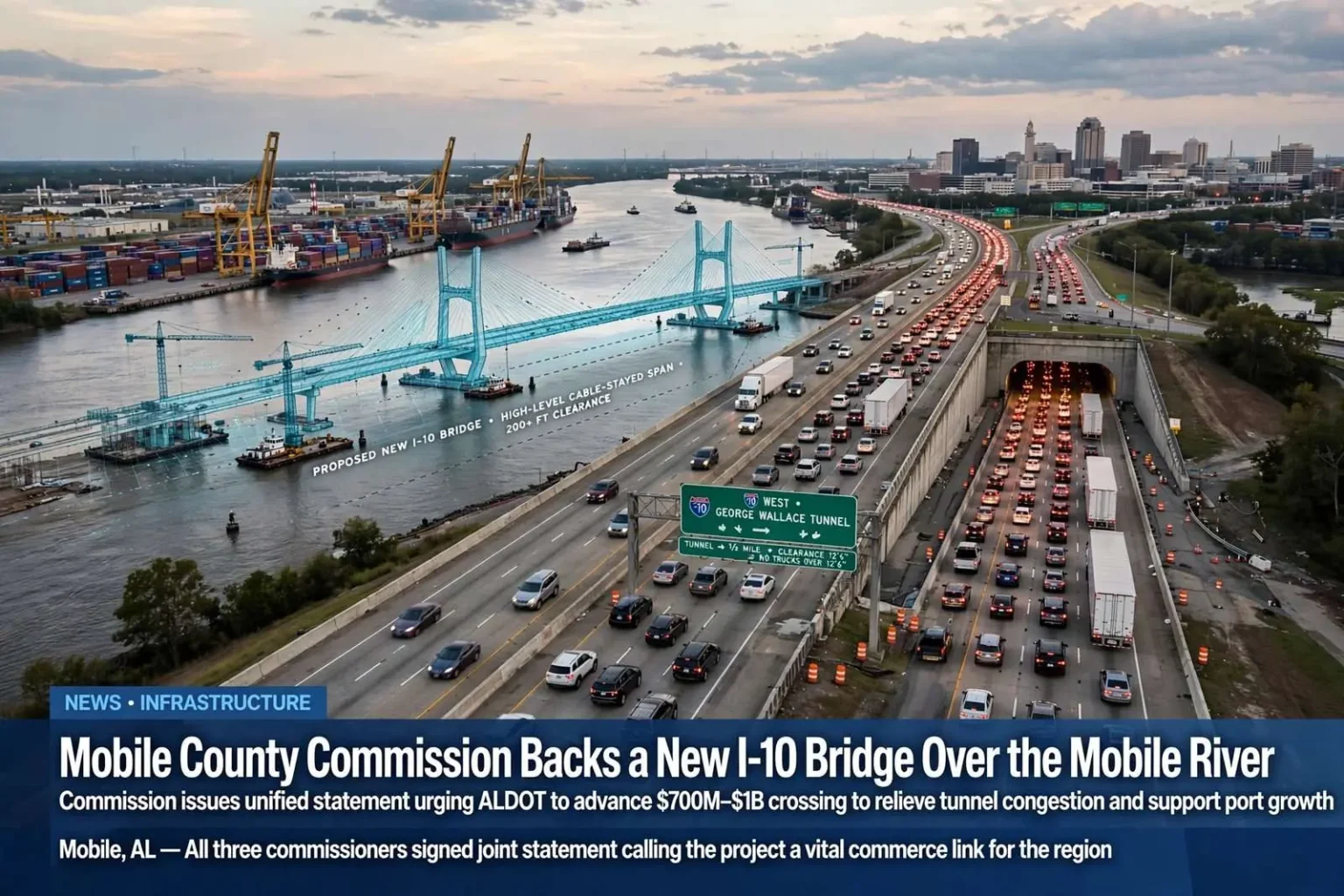 Illustration for the news story: Mobile County Commission Backs a New I-10 Bridge Over the Mobile River