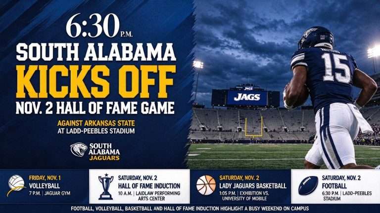 Illustration for the news story: South Alabama Sets 6:30 P.M. Kickoff For Nov. 2 Hall Of Fame Game Against Arkansas State