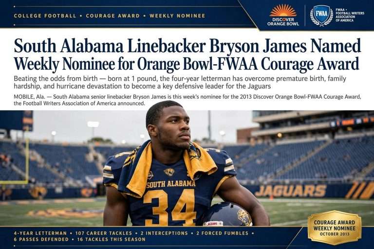 Illustration for the news story: South Alabama Linebacker Bryson James Named Weekly Nominee for Orange Bowl-FWAA Courage Award