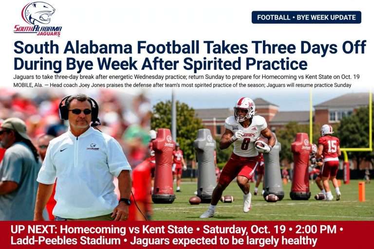 Illustration for the news story: South Alabama Football Takes Three Days Off During Bye Week After Spirited Practice