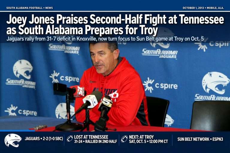 Illustration for the news story: Joey Jones Praises Second-Half Fight at Tennessee as South Alabama Prepares for Troy