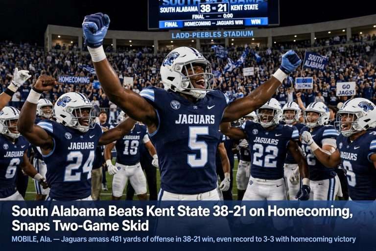 Illustration for the news story: South Alabama Beats Kent State 38-21 on Homecoming, Snaps Two-Game Skid