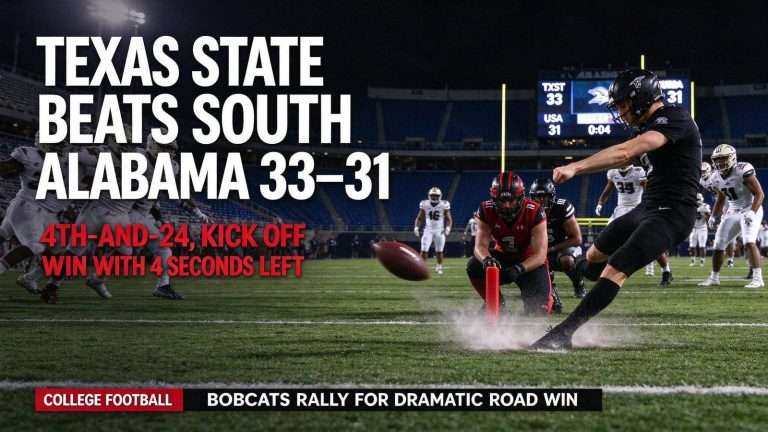 Illustration for the news story: Texas State Converts 4th-and-24, Kicks Field Goal With Four Seconds Left to Beat South Alabama 33-31