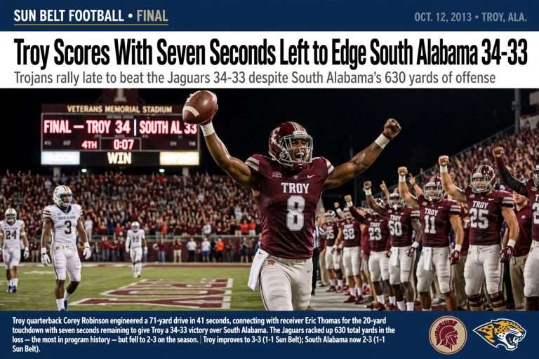 Illustration for the news story: Troy Scores With Seven Seconds Left to Edge South Alabama 34-33 Despite Jaguars’ 630 Yards