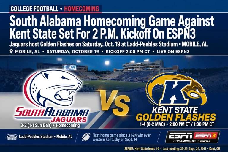 Illustration for the news story: South Alabama Homecoming Game Against Kent State Set For 2 P.M. Kickoff On ESPN3