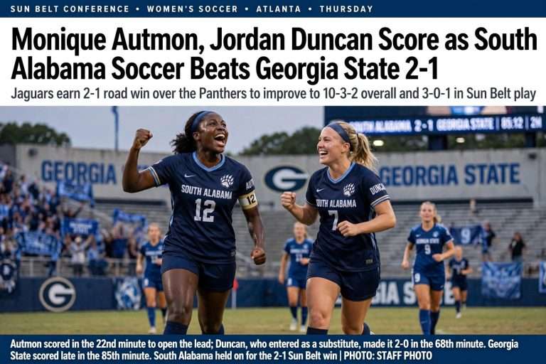 Illustration for the news story: Monique Autmon, Jordan Duncan Score as South Alabama Soccer Beats Georgia State 2-1
