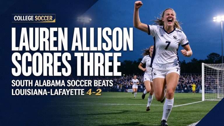 Illustration for the news story: Lauren Allison Scores Three as South Alabama Soccer Beats Louisiana-Lafayette 4-2