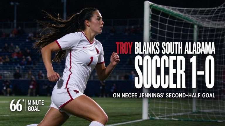 Illustration for the news story: Troy Blanks South Alabama Soccer 1-0 on Necee Jennings’ Second-Half Goal