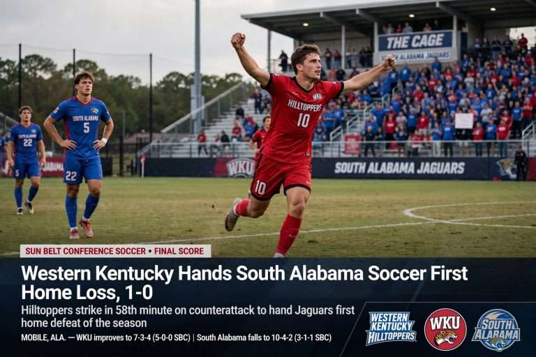 Illustration for the news story: Western Kentucky Hands South Alabama Soccer First Home Loss, 1-0