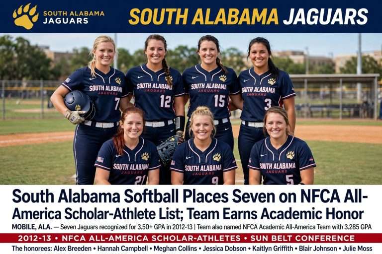 Illustration for the news story: South Alabama Softball Places Seven on NFCA All-America Scholar-Athlete List; Team Earns Academic Honor