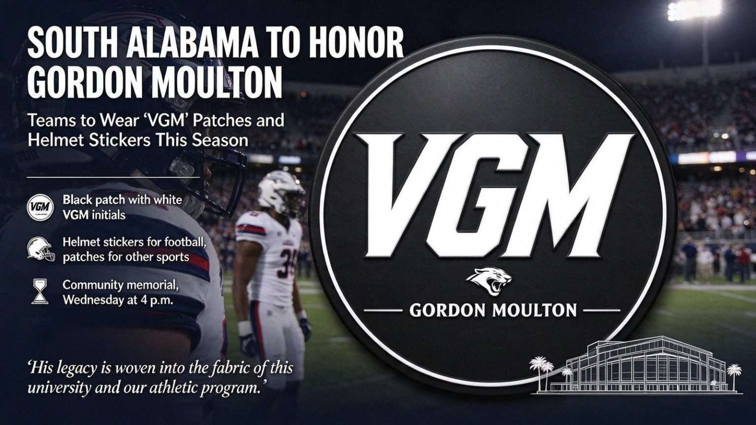 Illustration for the news story: South Alabama Teams to Wear ‘VGM’ Patches, Helmet Stickers Honoring Gordon Moulton
