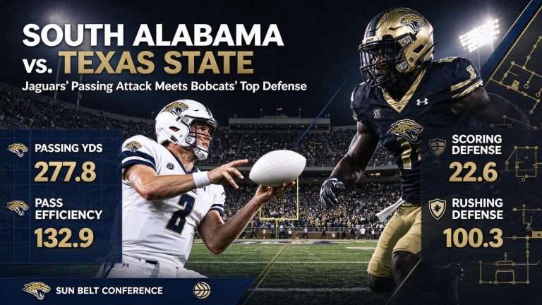 Illustration for the news story: South Alabama vs. Texas State by the Numbers: Jaguars’ Passing Attack Meets Bobcats’ Top Defense