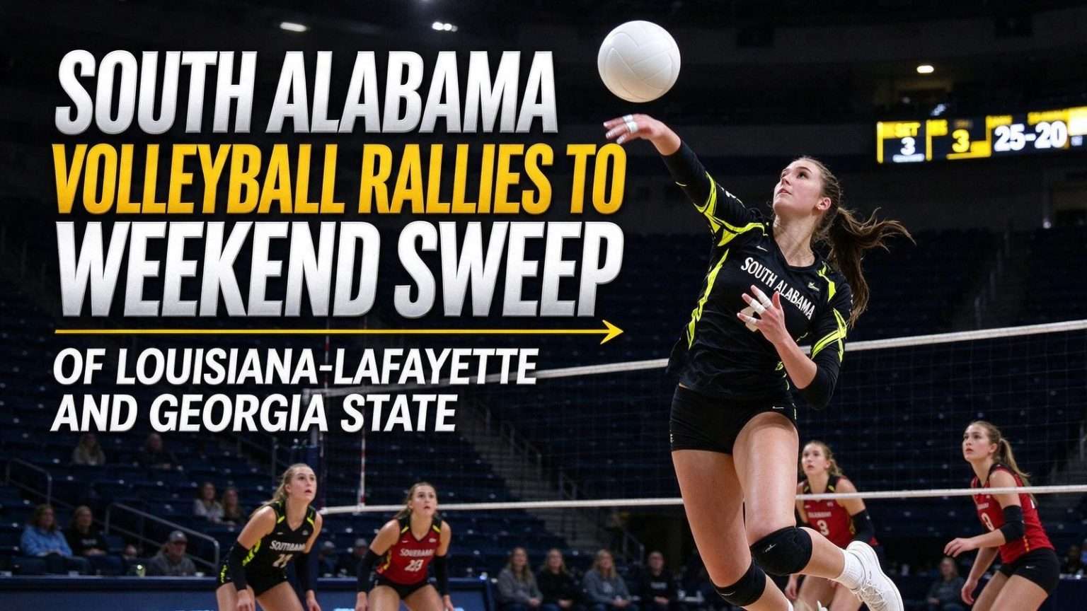Illustration for the news story: South Alabama Volleyball Rallies to Weekend Sweep of Louisiana-Lafayette and Georgia State