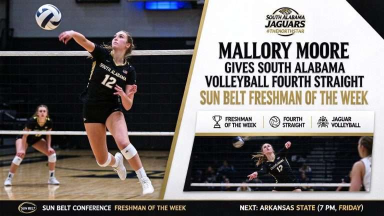 Illustration for the news story: Mallory Moore Gives South Alabama Volleyball Fourth Straight Sun Belt Freshman of the Week