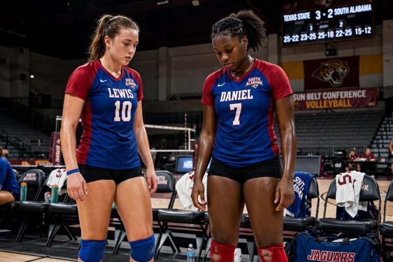 Illustration for the news story: South Alabama Volleyball Falls to Texas State in Five Sets Despite Lewis, Daniel Double-Doubles