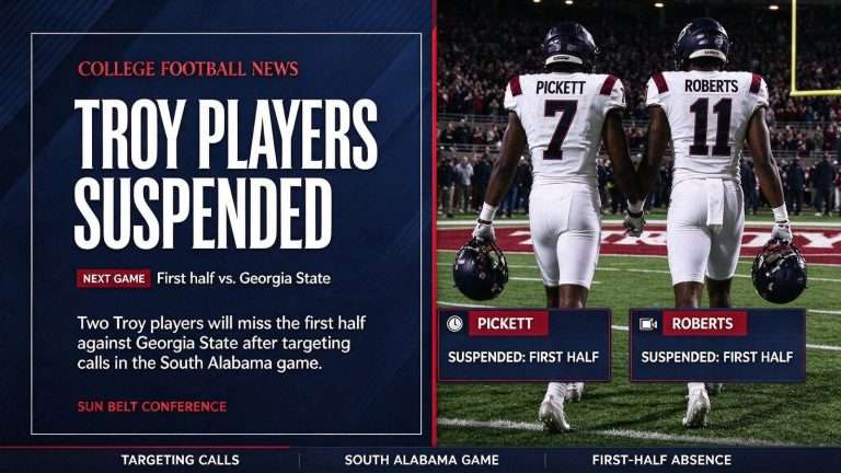 Illustration for the news story: Two Troy Players Suspended for First Half Against Georgia State After Targeting Calls in South Alabama Game