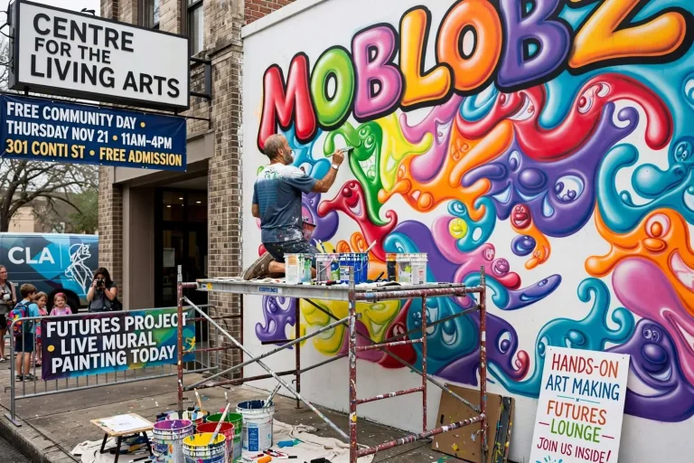 Illustration for the news story: Kenny Scharf Returns to Mobile to Finish MOBLOBZ Mural at Free CLA Community Day