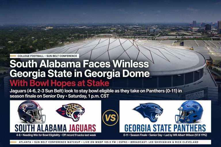Illustration for the news story: South Alabama Faces Winless Georgia State in Georgia Dome With Bowl Hopes at Stake