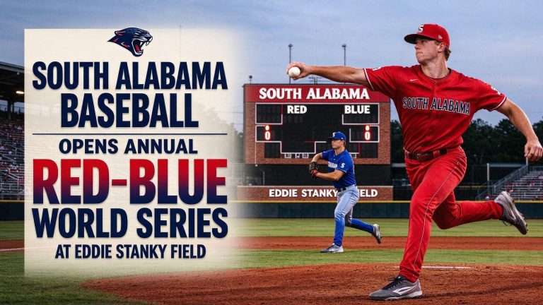 Illustration for the news story: South Alabama Baseball Opens Annual Red-Blue World Series at Eddie Stanky Field
