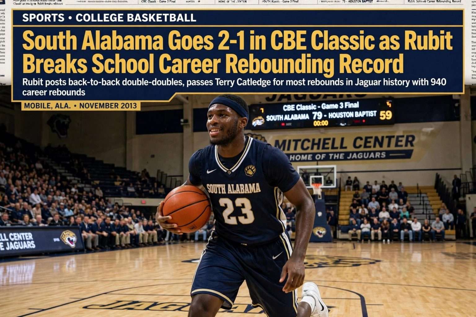 Illustration for the news story: South Alabama Goes 2-1 in CBE Classic as Rubit Breaks School Career Rebounding Record