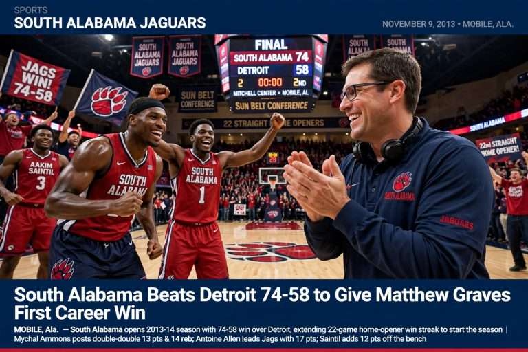Illustration for the news story: South Alabama Beats Detroit 74-58 to Give Matthew Graves First Career Win