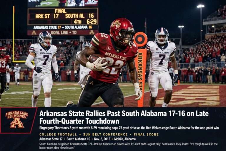 Illustration for the news story: Arkansas State Rallies Past South Alabama 17-16 on Late Fourth-Quarter Touchdown