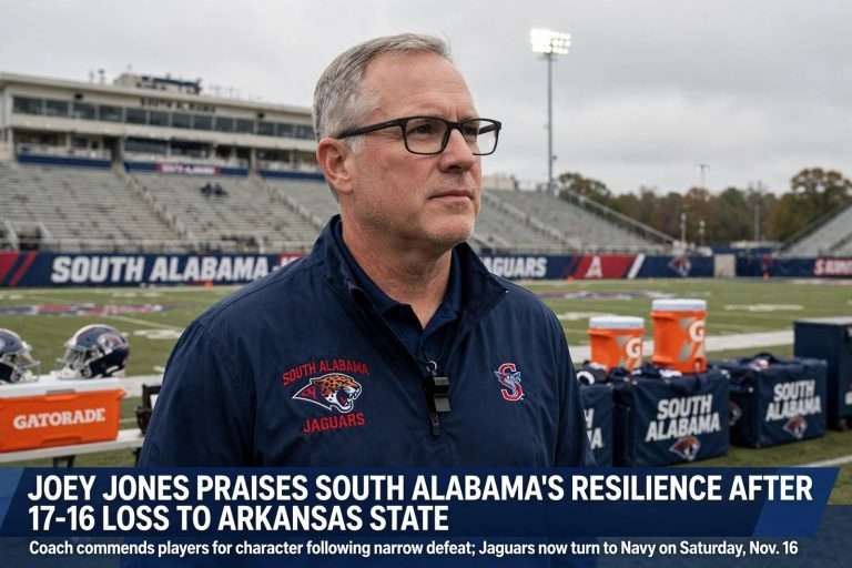 Illustration for the news story: Joey Jones Praises South Alabama’s Resilience After 17-16 Loss to Arkansas State, Turns to Navy