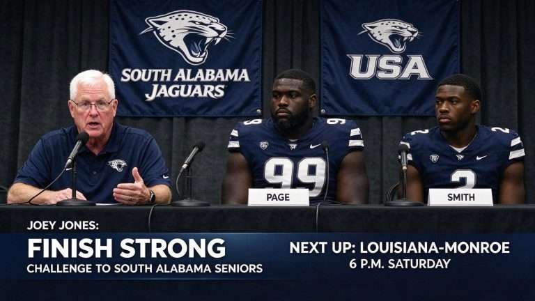 Illustration for the news story: Joey Jones Challenges South Alabama Seniors to Finish Strong After Navy Loss