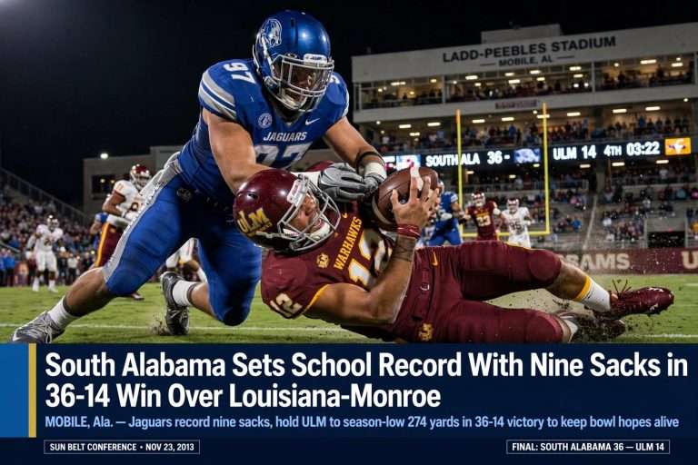 Illustration for the news story: South Alabama Sets School Record With Nine Sacks in 36-14 Win Over Louisiana-Monroe