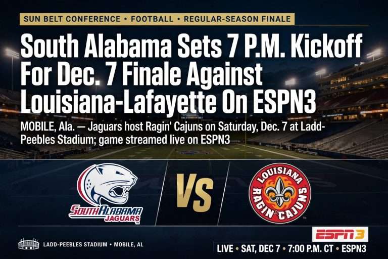 Illustration for the news story: South Alabama Sets 7 P.M. Kickoff For Dec. 7 Finale Against Louisiana-Lafayette On ESPN3