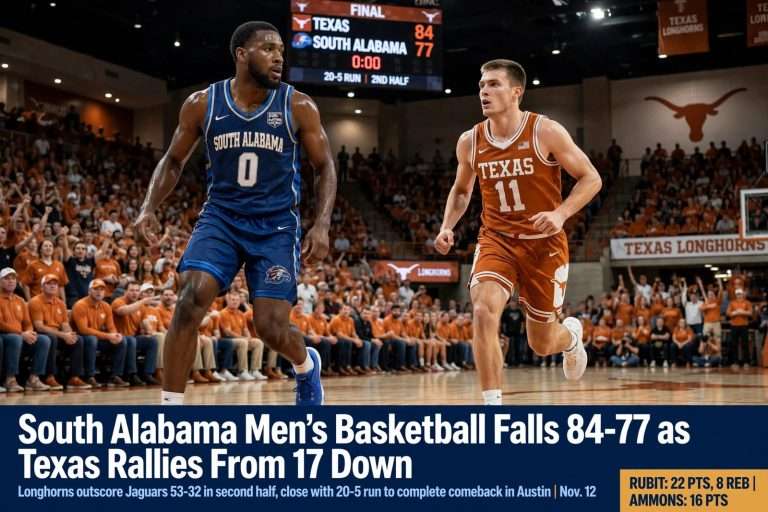 Illustration for the news story: South Alabama Men’s Basketball Falls 84-77 as Texas Rallies From 17 Down