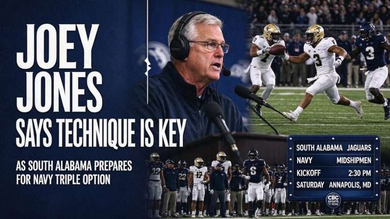 Illustration for the news story: Joey Jones Says Technique Is Key as South Alabama Prepares for Navy Triple Option