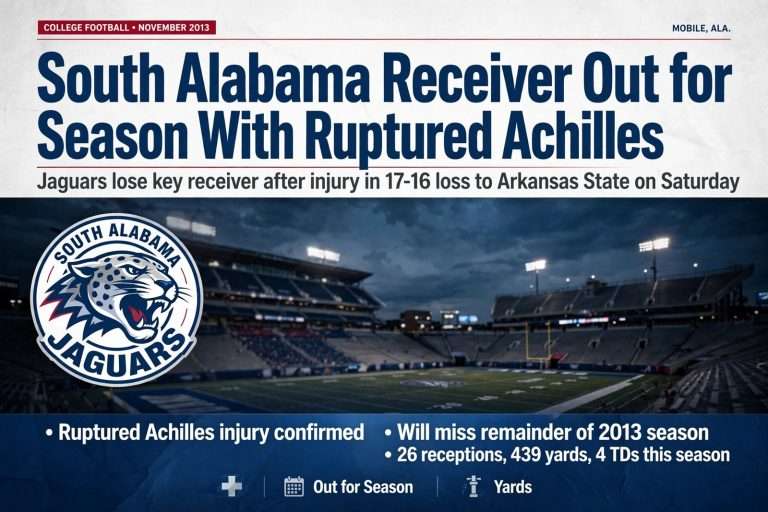 Illustration for the news story: South Alabama Receiver Danny Woodson Jr. Out for Season With Ruptured Achilles