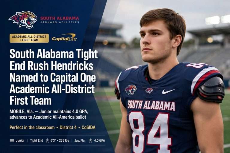 Illustration for the news story: South Alabama Tight End Rush Hendricks Named to Capital One Academic All-District First Team