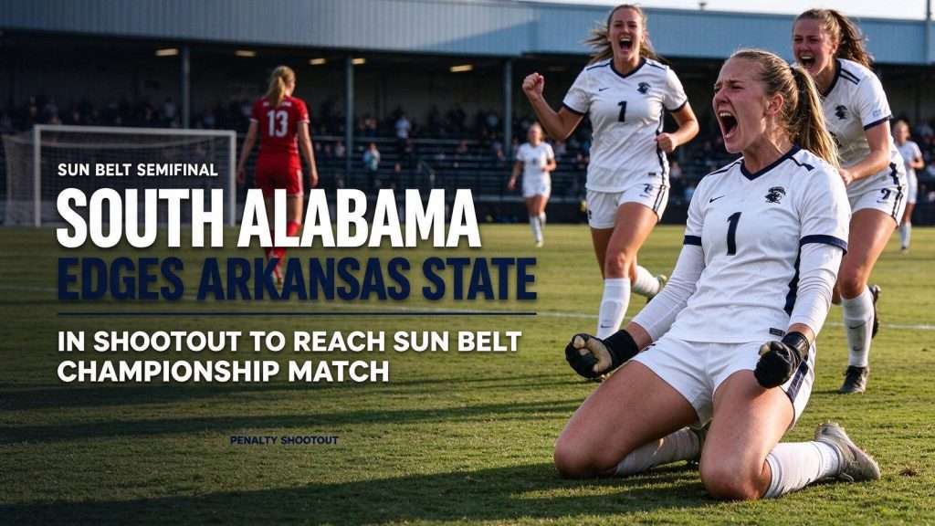 Illustration for the news story: South Alabama Soccer Edges Arkansas State in Shootout to Reach Sun Belt Championship Match