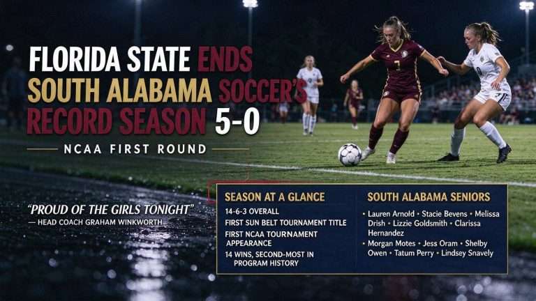 Illustration for the news story: Florida State Ends South Alabama Soccer’s Record Season 5-0 in NCAA First Round