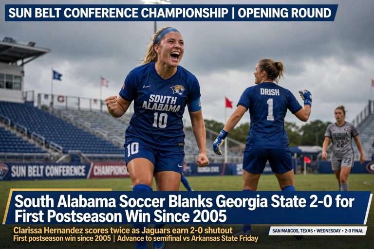 Illustration for the news story: South Alabama Soccer Blanks Georgia State 2-0 for First Postseason Win Since 2005